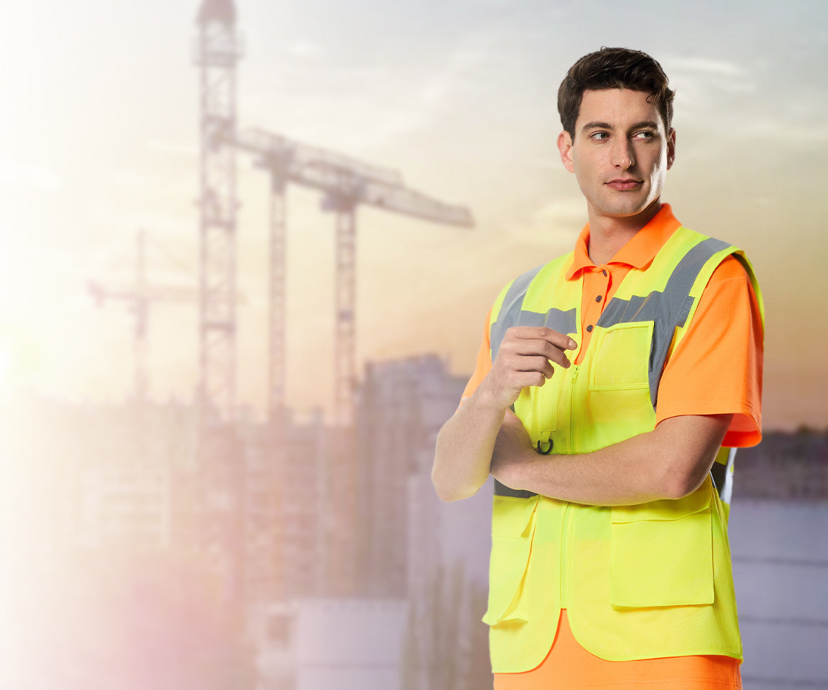 Workers wearing hi-vis clothing in an active construction zone