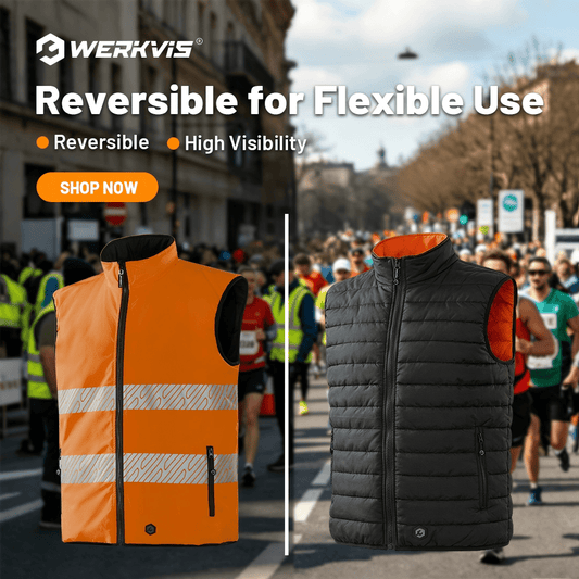 Hivis bodywarmer for construction site. Portwest, WERKVIS, Strauss, Regatta and Beeswift jackets