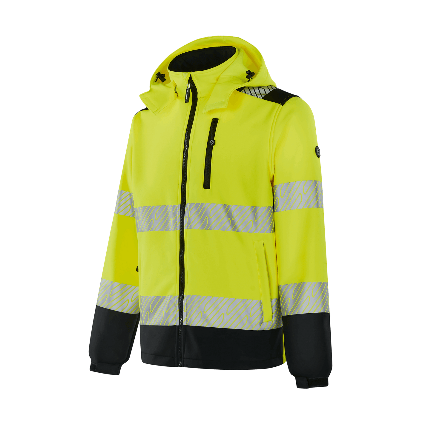 Hi-vis yellow WS302 MAGDEBURG softshell, two-layer composite fabric, chest zipper pocket, two side pockets, adjustable cuffs, 6cm & 7cm heat transfer reflective tapes, EN 20471 Class 2 (S–L), Class 3 (XL–5XL)