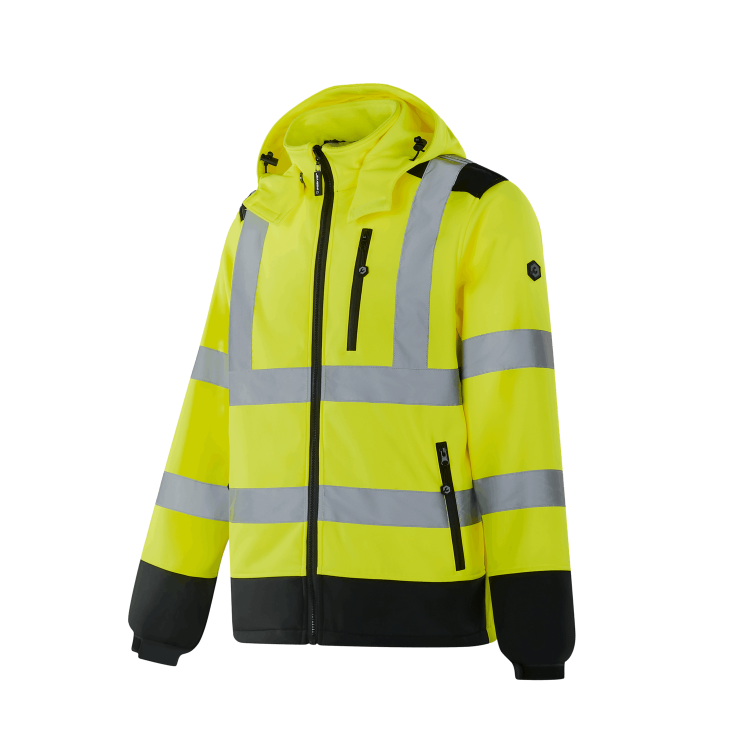 Hi-vis yellow WS301 UTRECHT softshell jacket, two-layer composite fabric, black highlights, chest zipper pocket, two side pockets, adjustable velcro cuffs, sewn reflective tape, EN 20471 Class 2 (S–M), Class 3 (L–5XL)